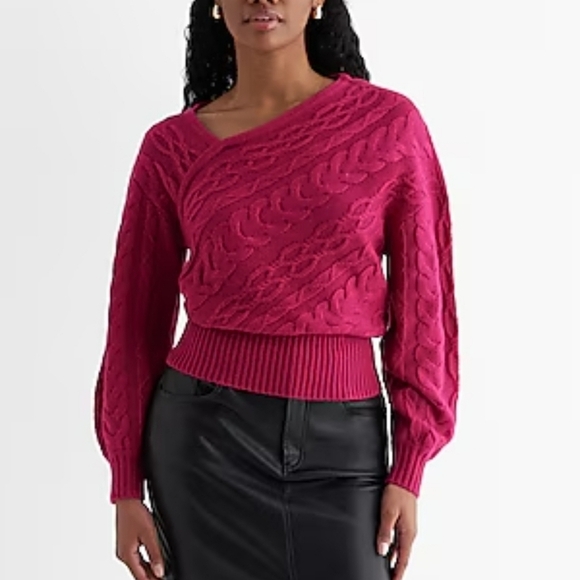 Express Womens Cable Knit Asymmetrical Long Sleeve Sweater Bright Fuchsia XS - Picture 1 of 7